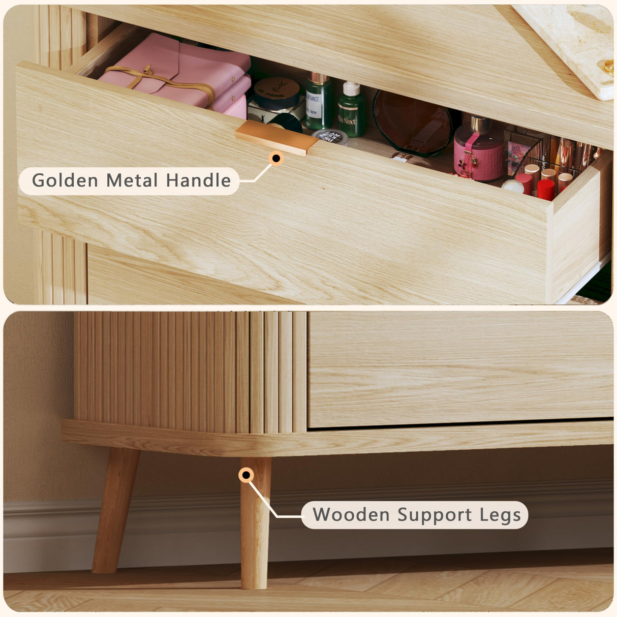 HUAHUU Fluted 6 Drawers Dresser for Bedroom, 55" Mid Century Modern Dresser & Chests of Drawers, Curved Profile Design, Dressers TV Stand, Wood Storage for Hallway, Entryway, Oak HUAHUU