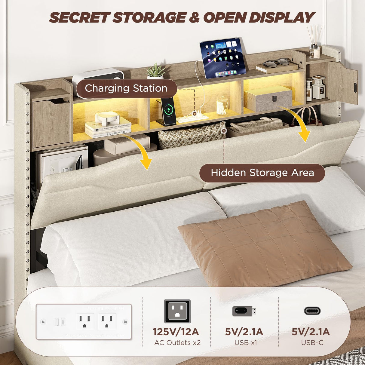 Maupvit Queen LED Bed Frame with Storage Headboard, 4 Storage Drawers & Charging Station, Metal Support Base, No Box Spring Needed, Beige Maupvit