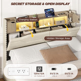 Maupvit Queen LED Bed Frame with Storage Headboard, 4 Storage Drawers & Charging Station, Metal Support Base, No Box Spring Needed, Beige Maupvit