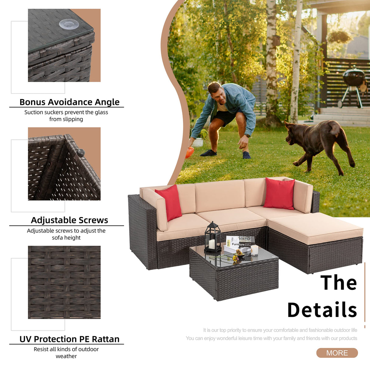 Shintenchi 5 Pieces Patio Furniture Sets Outdoor All-Weather Sectional Patio Sofa Set PE Rattan Manual Weaving Wicker Patio Conversation Set with Glass Table&Ottoman Cushion and Red Pillows Shintenchi