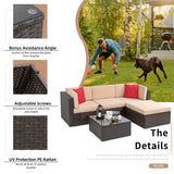 Shintenchi 5 Pieces Patio Furniture Sets Outdoor All-Weather Sectional Patio Sofa Set PE Rattan Manual Weaving Wicker Patio Conversation Set with Glass Table&Ottoman Cushion and Red Pillows Shintenchi