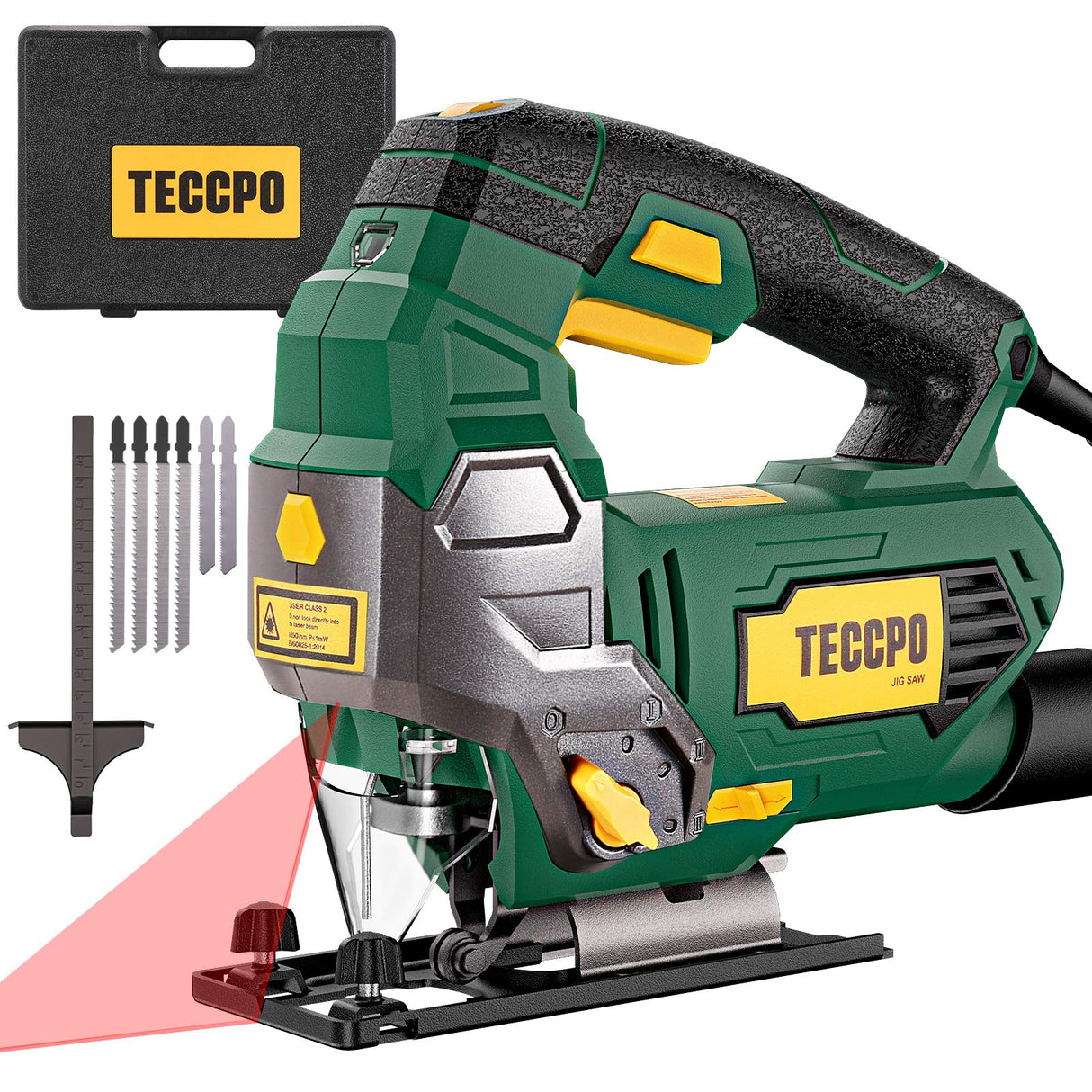 Jigsaw, TECCPO 6.5 Amp 3000 SPM Jig Saw with Laser, 6 Variable Speed, 6 Blades, ±45° Bevel Cutting, 4 Orbital Settings, Pure Copper Motor, with Carrying Case - TAJS01P TECCPO