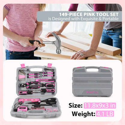 KingTool 149-Piece Pink Tool Kit - Basic Home Repair Tool Set, Small Tool Kit with Plastic Toolbox, Perfect for Women, Office & College Repairs - WoodArtSupply