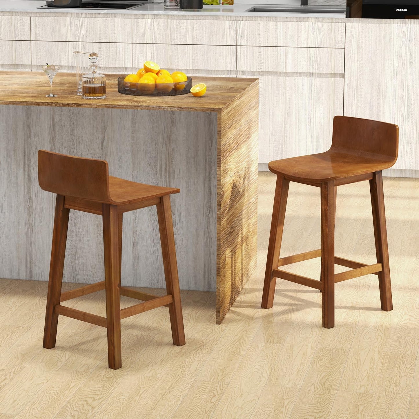 Giantex 24.5" Bar Stools Set of 2, Counter Height Stools w/Backrest & Footrest, Wooden Bar Dining Chairs, Armless Solid Wood Barstools for Kitchen Island, Pub, Dining Room, Breakfast, Kitchen, Cafe