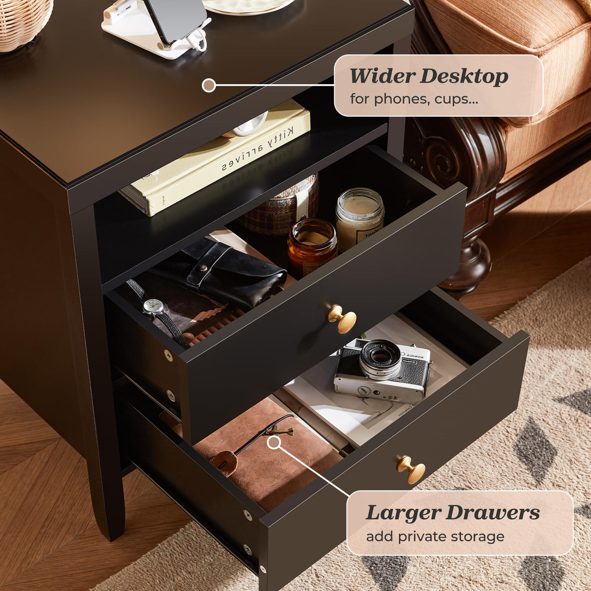 Huuger Black Nightstand Set of 2, Night Stand with Charger Station, Bedside Table with 2 Drawers, Bed Side Tables for Bedroom, Modern Nightstands, Metal Knobs, Painted Surface Huuger