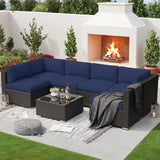 SUNCROWN 7-Piece Outdoor Patio Furniture Sofa Set All-Weather Wicker Sectional Conversation Set with Modern Glass Coffee Table and Cushions-Dark Blue SUNCROWN