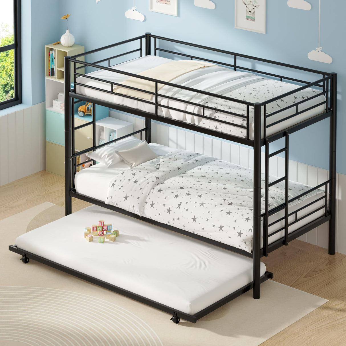 VECELO Bunk Bed Twin Over Twin with Trundle, Metal Bunkbeds with Ladder and Full-Length Guardrail, No Box Spring Needed, Space Saving, Noise Free, Black VECELO