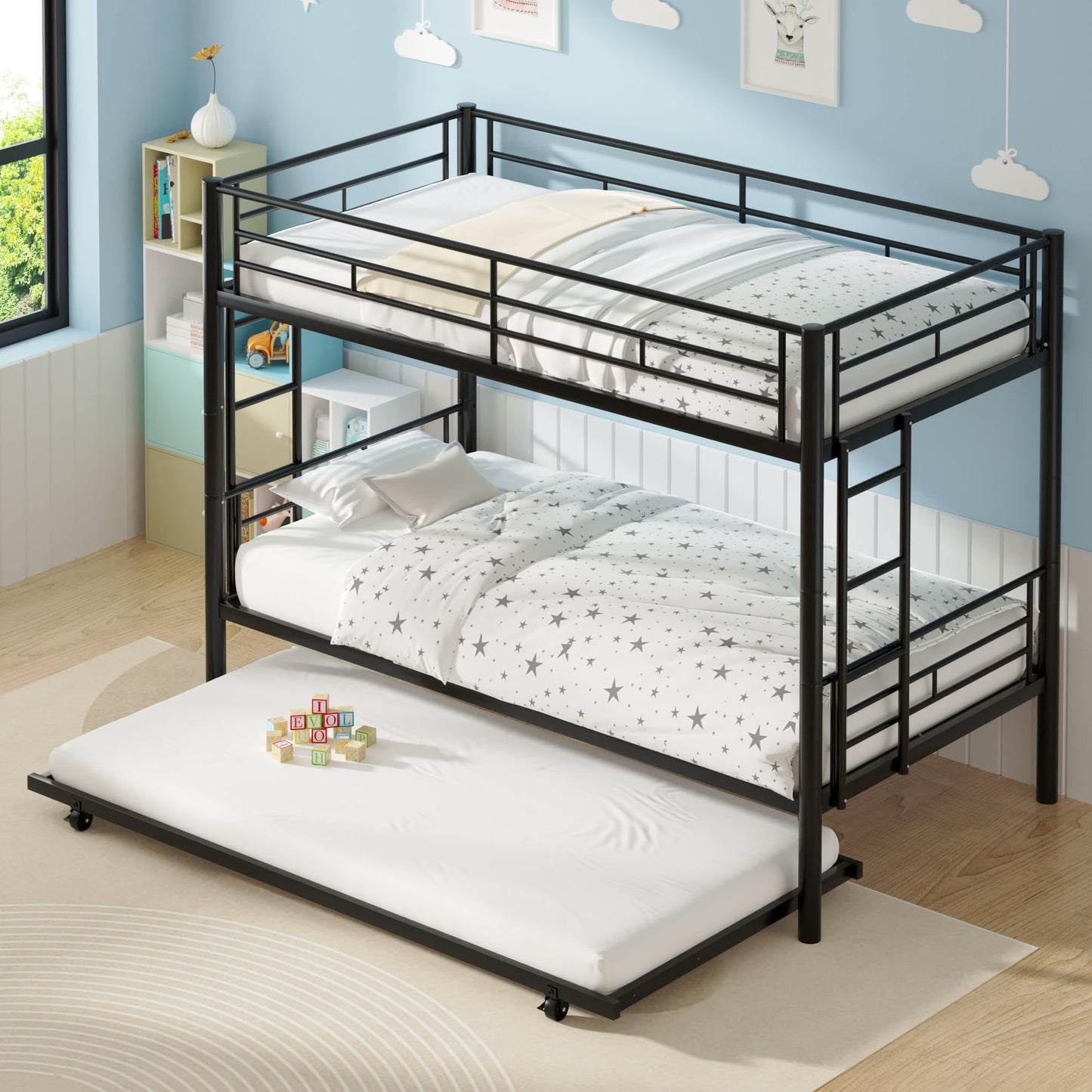 VECELO Twin Over Twin Bunk Bed with Trundle, Metal Bunkbeds with Ladder and Full-Length Guardrail, Noise Free, No Box Spring Needed, Black