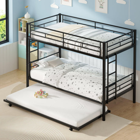 VECELO Twin Over Twin Bunk Bed with Trundle, Metal Bunkbeds with Ladder and Full-Length Guardrail, Noise Free, No Box Spring Needed, Black VECELO