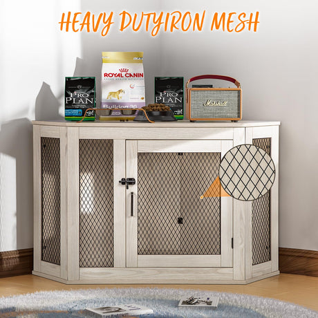 PUKAMI Corner Dog Crate Furniture,44/52inch Wooden Dog Kennel Furniture with Mesh,Decorative Wood Dog House for Indoor use,Dog Crate for Small/Medium/Large Dog,Perfect for Limited Room PUKAMI