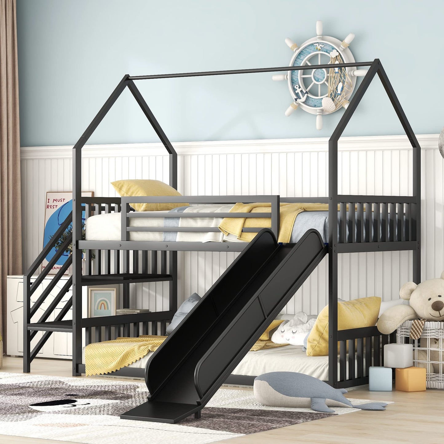 Harper & Bright Designs Twin over Twin Metal Bunk Bed with Slide and Stairs, Low Bunk House Bed for Kids, Floor Bunk Bed, Modern Style Heavy-Duty Steel Frame (Black)