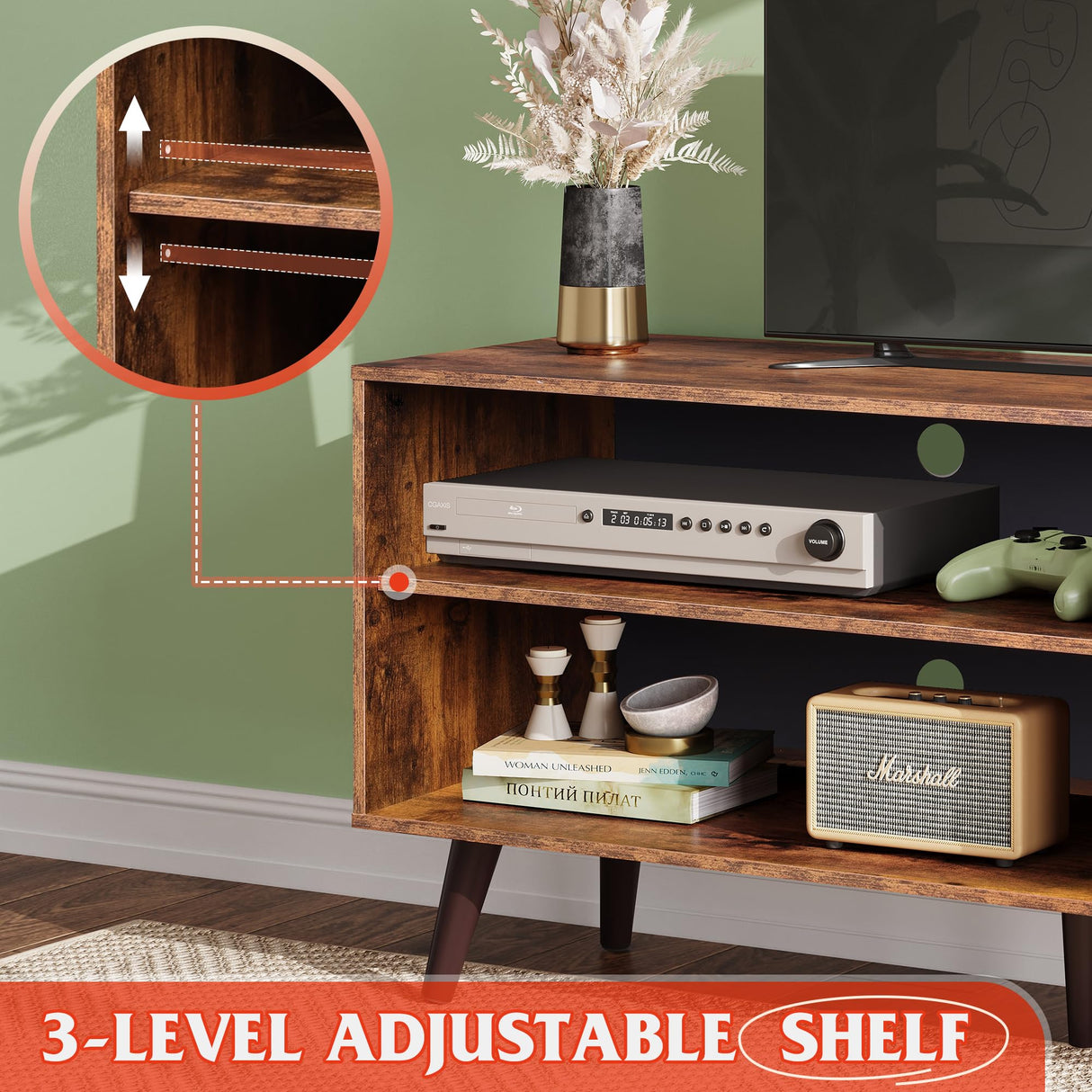 WLIVE Mid-Century Modern TV Stand for 55" TV, Entertainment Center with Storage, Open Shelves TV Console for Living Room and Bedroom, Retro Brown WLIVE