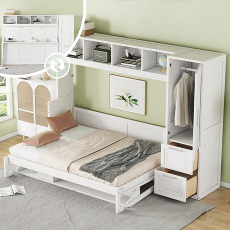 Linique Full Size Murphy Cabinet Storage Wall Bed with Closet and Drawers and Built-in Top Shelf,Hide a Bed on a Wardrobe Space Saving Design,White Linique