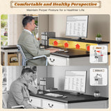 EnHomee 55" Computer Desk, L Shaped Desk with Drawers, Office Desk with Long Monitor Stand, Farmhouse Desk with Power Outlets & LED Lights, Home Office Desks for Bedroom with Storage Shelves EnHomee