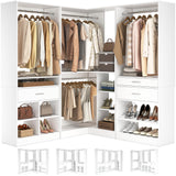 Unikito 86” Corner Closet System, Modular Closets Organizer with 4 Hanging Rods and Storage Shelves, Freestanding Adjustable Wood Clothes Garment Rack with Drawers, Sturdy Walk in Closet Tower, White Unikito