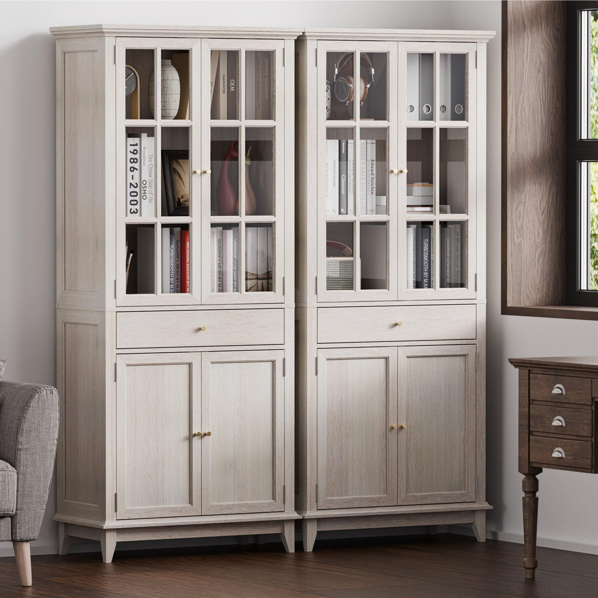 SunsGrove 73" White Oak Bookcase with Glass Doors & Drawer - Adjustable Shelf, Modern Classic Storage for Living Room, Home Office (4 Doors, Floor Standing) SunsGrove