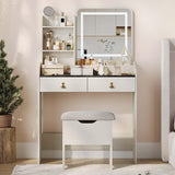 GarveeHome Vanity Desk with LED Light Mirror and Charging Station,Small Makeup Vanities Set with 2 Drawers for Girls Women with Storage Stool (White + Grey Tabletop) GarveeHome