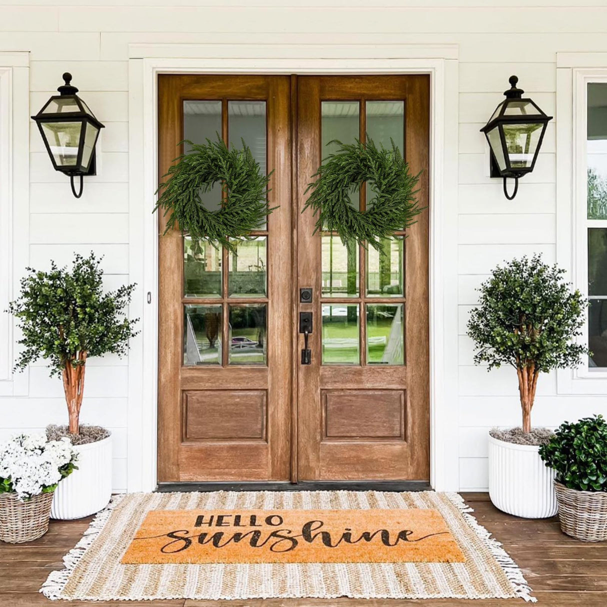 ENVEN 2 Pack 24" Norfolk Pine Wreath for Front Door, Artificial Christmas Wreath Faux Pine Green Wreath for Wall Windows Mantle Outdoor Outside Christmas Decoration ENVEN