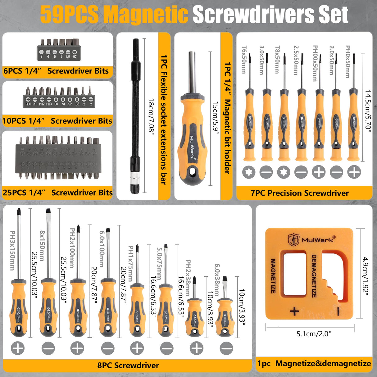 MulWark Magnetic Screwdriver Set 59 Piece Chrome Vanadium Steel, Ergonomic Design Rubber Handle Screwdriver Set with Case Slotted, Phillips, Hex, Pozidriv, Torx and Precision, Magnetizer Demagnetizer MULWARK