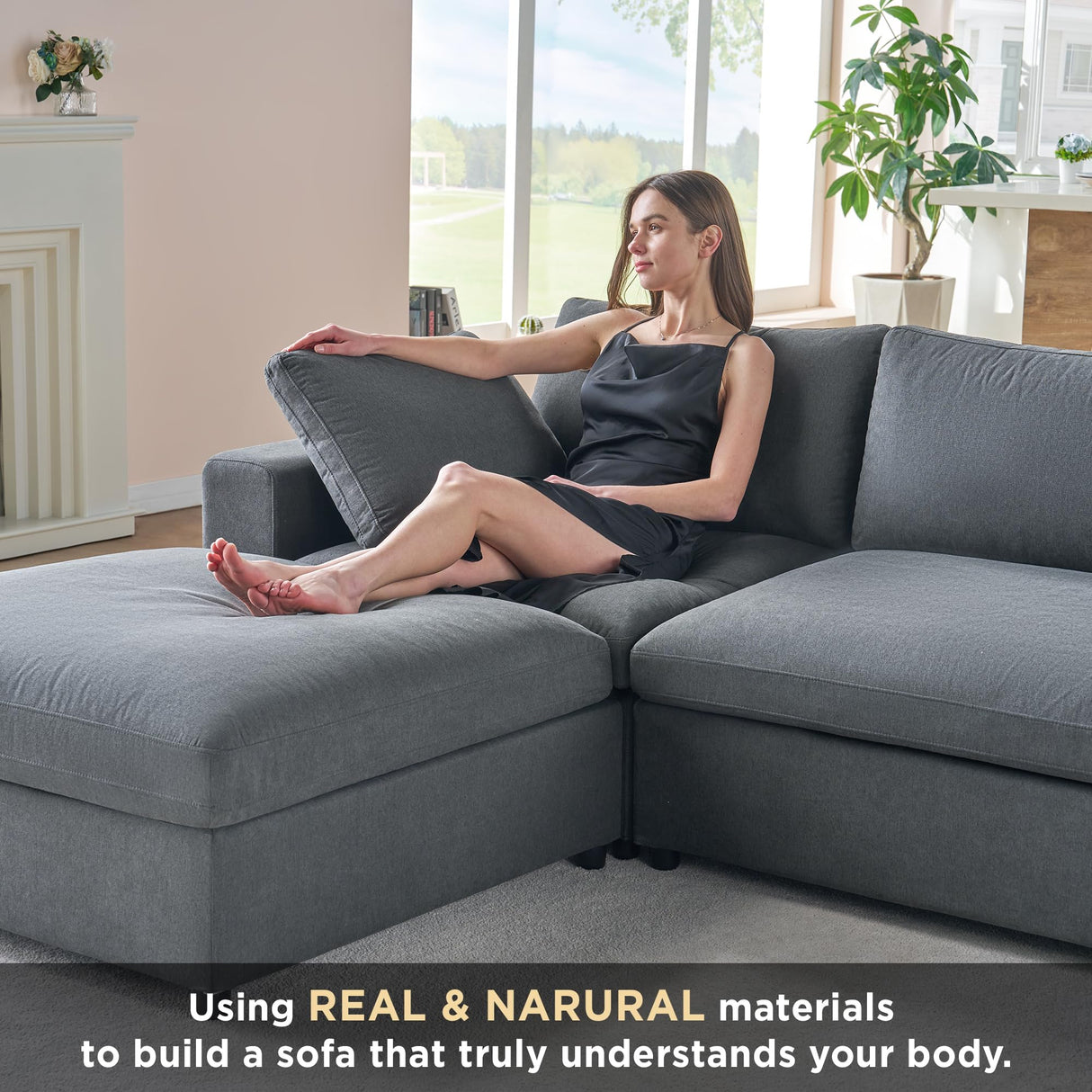 PaPaJet 114 Inch Cloud Modular Sectional Sofa, Oversized Down Filled Sectional Couch with Chaise, Ottoman, 4 Seats L Shaped Sofa for Living Room, Grey Linen Couch PaPaJet