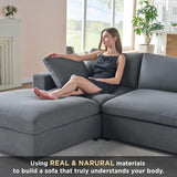 PaPaJet 114 Inch Cloud Modular Sectional Sofa, Oversized Down Filled Sectional Couch with Chaise, Ottoman, 4 Seats L Shaped Sofa for Living Room, Grey Linen Couch PaPaJet