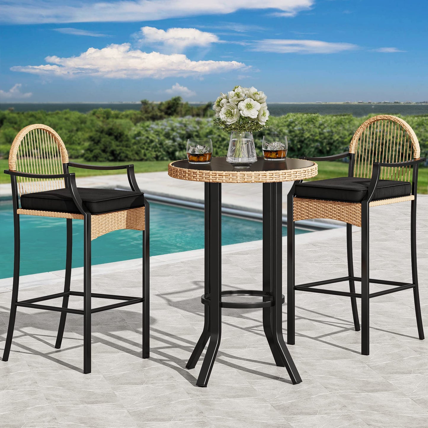 YITAHOME Patio Bar Table Sets, 3-Piece Outdoor Wicker Bar Height Bistro with Soft Cushions, Steel Frame for Poolside Balcony, Barstools (Black+Light Yellow) - WoodArtSupply