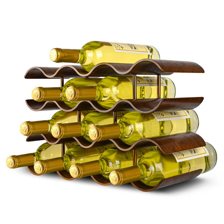 TRUDING Countertop Wine Rack - 14 Bottle Freestanding Wine Bottle Holder Stand - 4 Tier Wooden Wine Storage Rack - Wavy Wine Organizer for Cabinet Pantry Home Kitchen Bar (Walnut) TRUDING