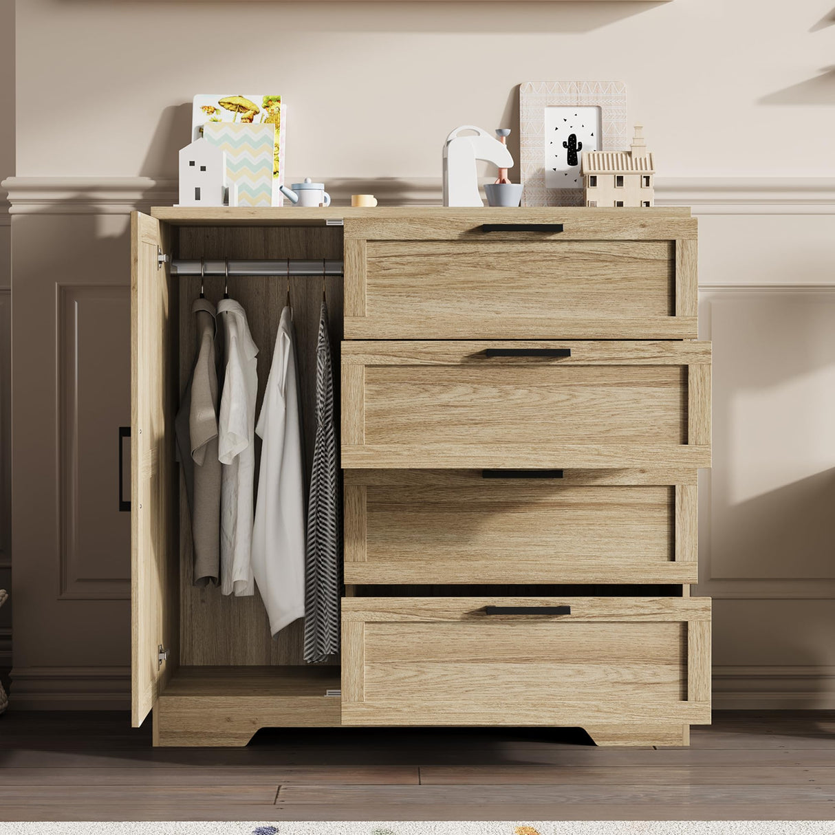 IDEALHOUSE 43.3'' H Armoire Wardrobe Closet with 4 Drawers and Hanging Rod, Multifunctional Wood 4 Drawers Dresser with Storage Closet, Clothing Storage Cabinets for Bedroom, Natural Oak IDEALHOUSE