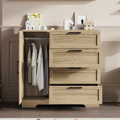 IDEALHOUSE 43.3'' H Armoire Wardrobe Closet with 4 Drawers and Hanging Rod, Multifunctional Wood 4 Drawers Dresser with Storage Closet, Clothing Storage Cabinets for Bedroom, Natural Oak IDEALHOUSE