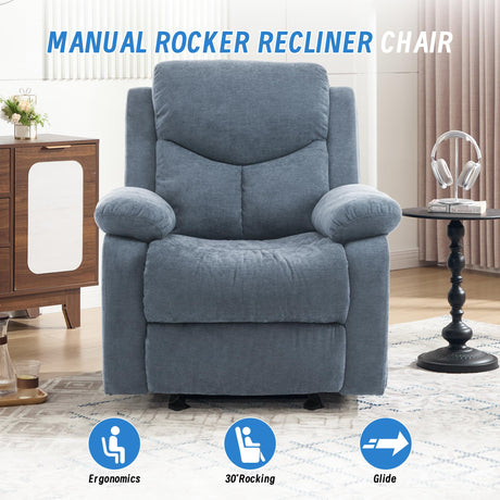 Sftaiyou Manual Rocker Recliner Chair for Adults with Vibration Massage,Glider Rocking Recliner Chairs for Living Room Bedroom Overstuffed Soft Reclining Sofa Chair with Pockets(Blue) Sftaiyou