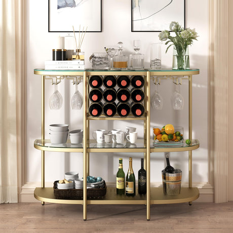 O&K FURNITURE Home Bar Table with Wine Racks, 3 Tier Wine Bar Table with Glass Holders, Wine Cabinet with Open Shelf, Liquor Bar Coffee Bar Table for Living Room Kitchen, Gold O&K FURNITURE