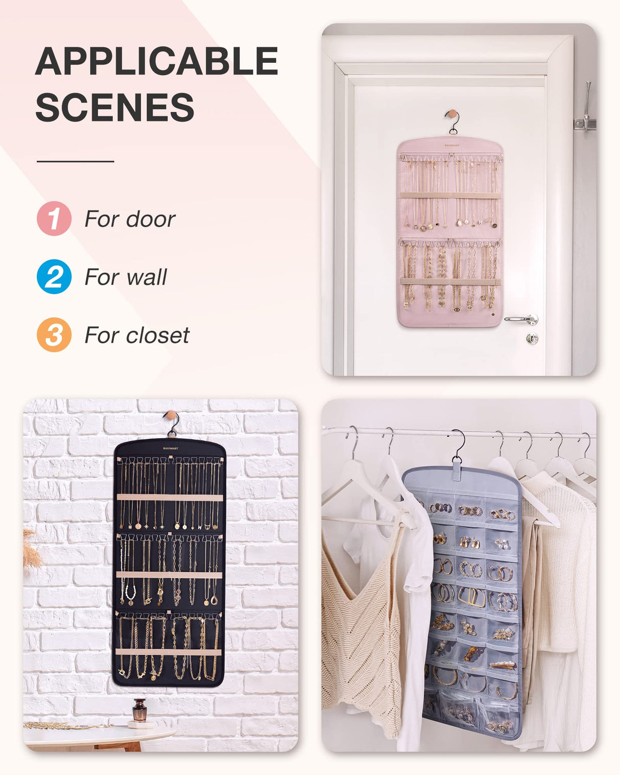 BAGSMART Hanging Jewelry Organizer, Necklace Holder Anti-tangle Earrings Rings Hanger with 20 Jewelry Bags Travel Storage Roll with Pockets Hang on Closet, Wall, Door,1 Piece, Large, Black BAGSMART