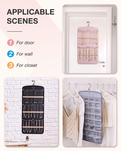 BAGSMART Hanging Jewelry Organizer, Necklace Holder Anti-tangle Earrings Rings Hanger with 20 Jewelry Bags Travel Storage Roll with Pockets Hang on Closet, Wall, Door,1 Piece, Large, Black BAGSMART