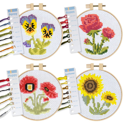 Kraftex Stamped Cross Stitch Kits for Beginners (Flower Theme - 6.75 Inch - 4 Pack 1 x Embroidery Hoop) Embroidery Needlepoint Patterns for Adults, Includes Poppy, Rose, Sunflower and Pansy