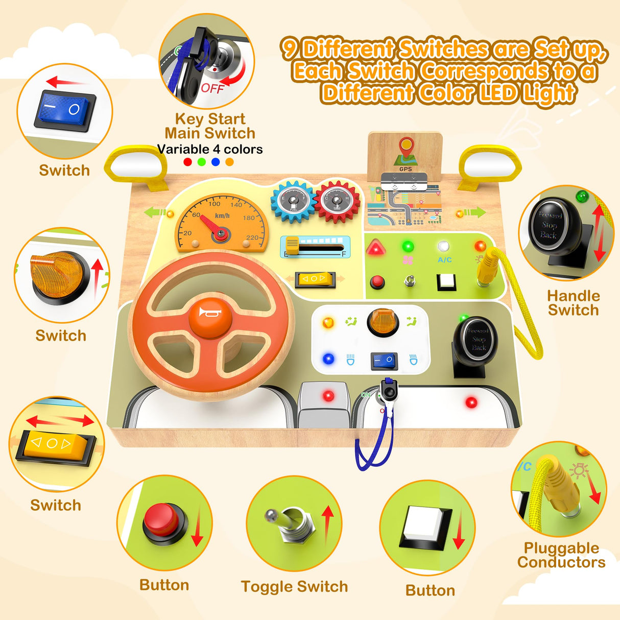 JGOBUB Montessori Toddler Toys - Baby Wooden Busy Board - Sensory Toys with Light Switch - Travel Toys for Educational Toddler Activities for Toddlers 1 2 3 4+ Year Old JGOBUB