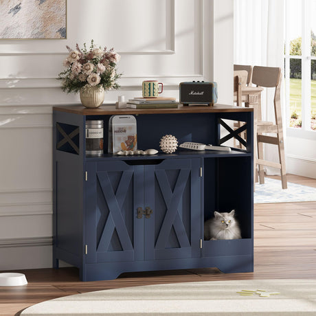 ZYKZYK Cat Litter Box Enclosure Tall Hidden Litter Box Furniture Cat House Wooden Cat Washroom Cabinet 2-in-1 Farmhouse Design,Blue Walnut ZYKZYK