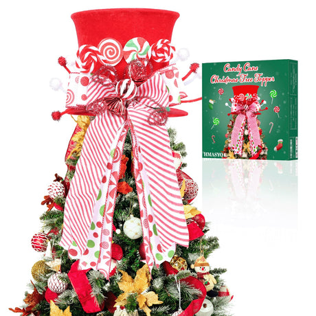 HMASYO Candy Cane Christmas Tree Topper - Large Red Tree Topper Hat with Candy Peppermint Bows Ribbon Ornament, Top Hat Christmas Tree Topper for Home Office Holiday Tree Decoration Xmas Gift HMASYO