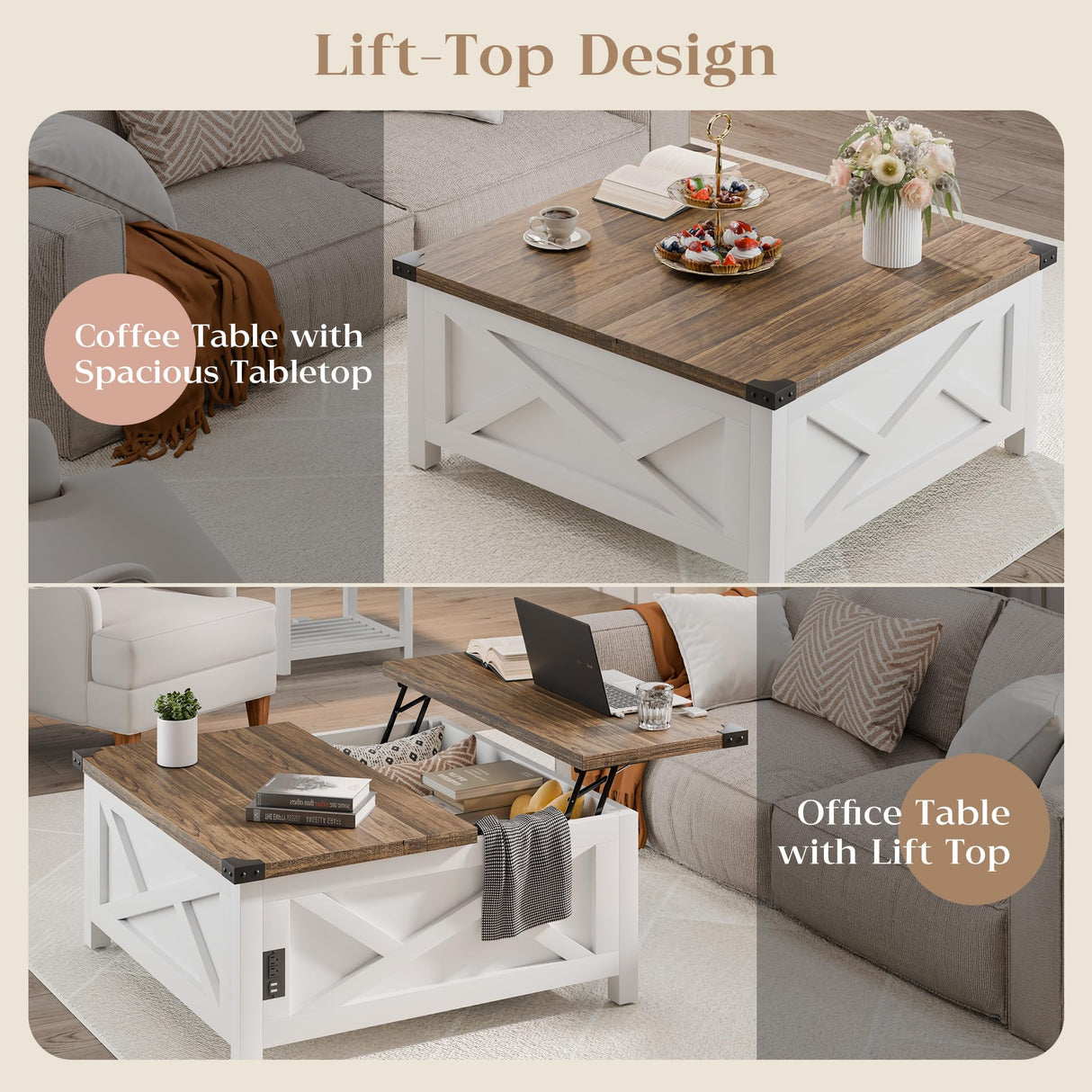 MU Lift Top Coffee Table, Square Coffee Table with Hidden Storage, Farmhouse Wood Table with Charging Station and Barn Door for Living Room, White MU
