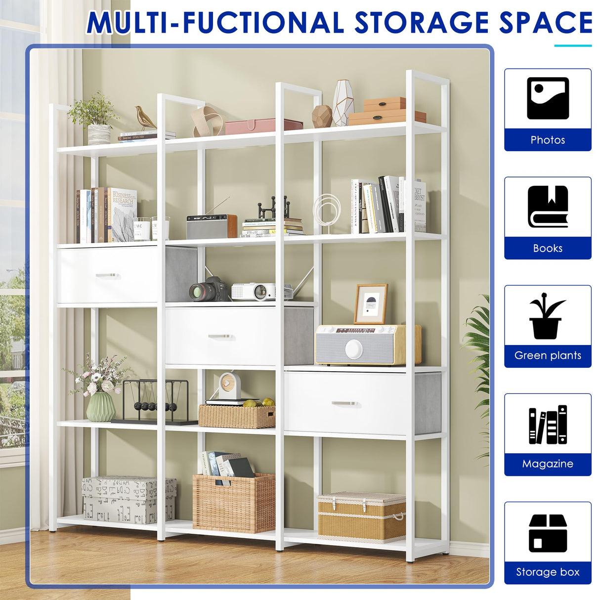 Nosepen 73.6" Tall Bookshelf with 3 Drawers and 16 Storage Shelves, Industrial Bookcase with 16 Open Display Shelves, Large Etagere Bookshelf, Triple Wide Book Shelf Book Case for Home & Office, White Nosepen