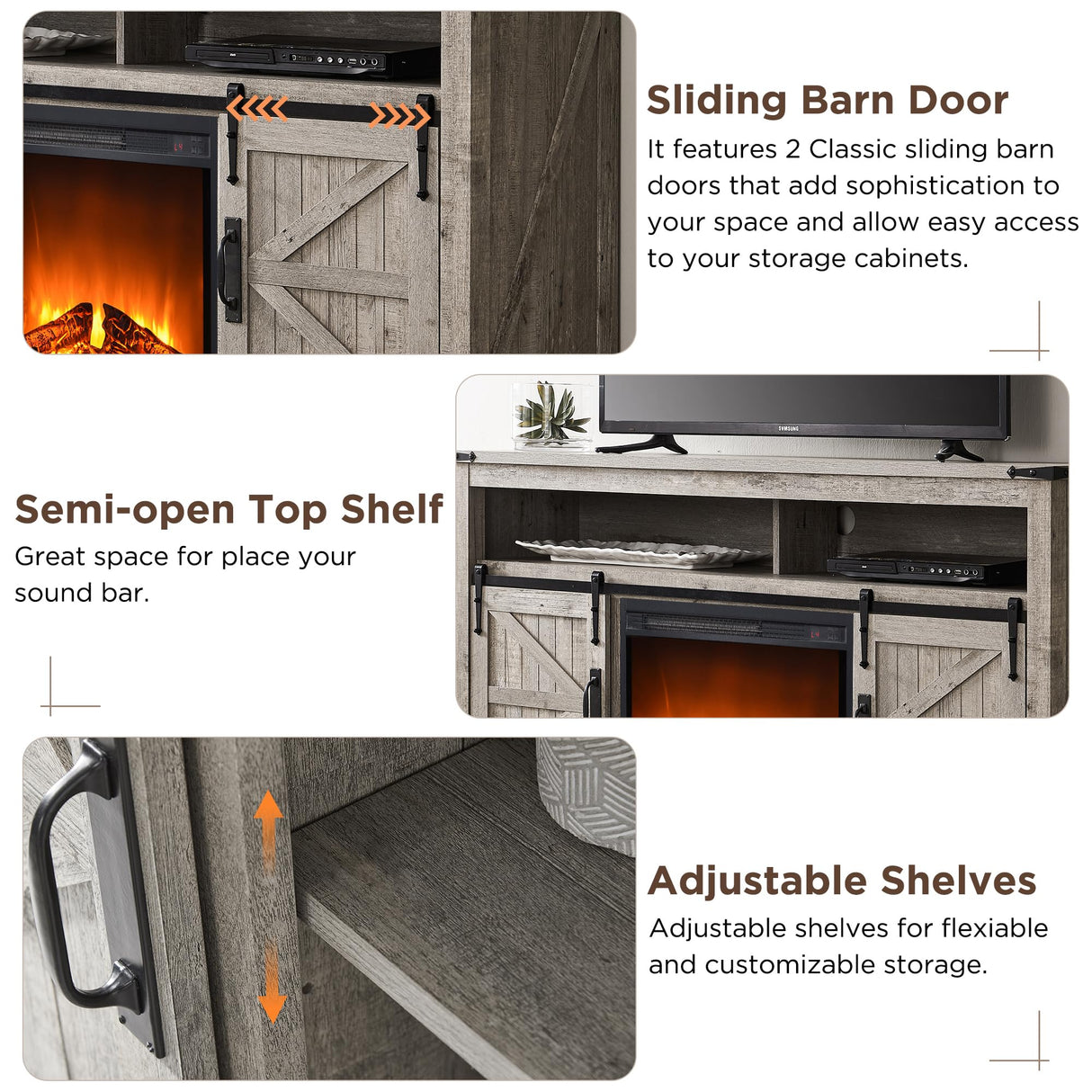 OKD Fireplace TV Stand for 65+ Inch TV, 33" Tall Highboy Farmhouse Entertainment Center w/ 23'' Electric Fireplace, Rustic Media Console w/Sliding Barn Door for Living Room, Light Rustic Oak OKD