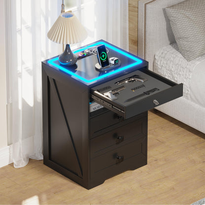 Lvifur RGB Nightstand with Gun Drawer, Glass Top Bedside Table with Wireless Charging Station, LED Night Stand with Human Sensor Design, Modern End Table for Bedroom Living Room (Black) - WoodArtSupply