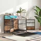 Maliacife Dog Crate Furniture with Led Lights,Heavy Duty Wooden Dog Kennel with Double Doors,Dog House Indoor for Small Medium Dogs,End Table with Shelves,Black and Brown(34.65" L×24.02W×31.5" H) Maliacife