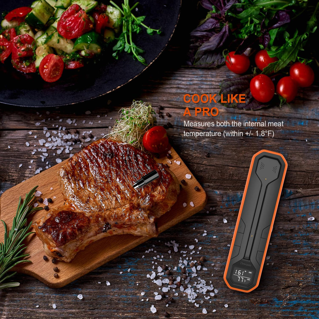 Wireless Meat Thermometer – Digital Cooking Thermometer with Wireless Probe – 500Ft Remote Range Food Thermometer – with iOS & Android Read App -Preprogrammed Temperatures for BBQ, Oven, Grill Dewjom