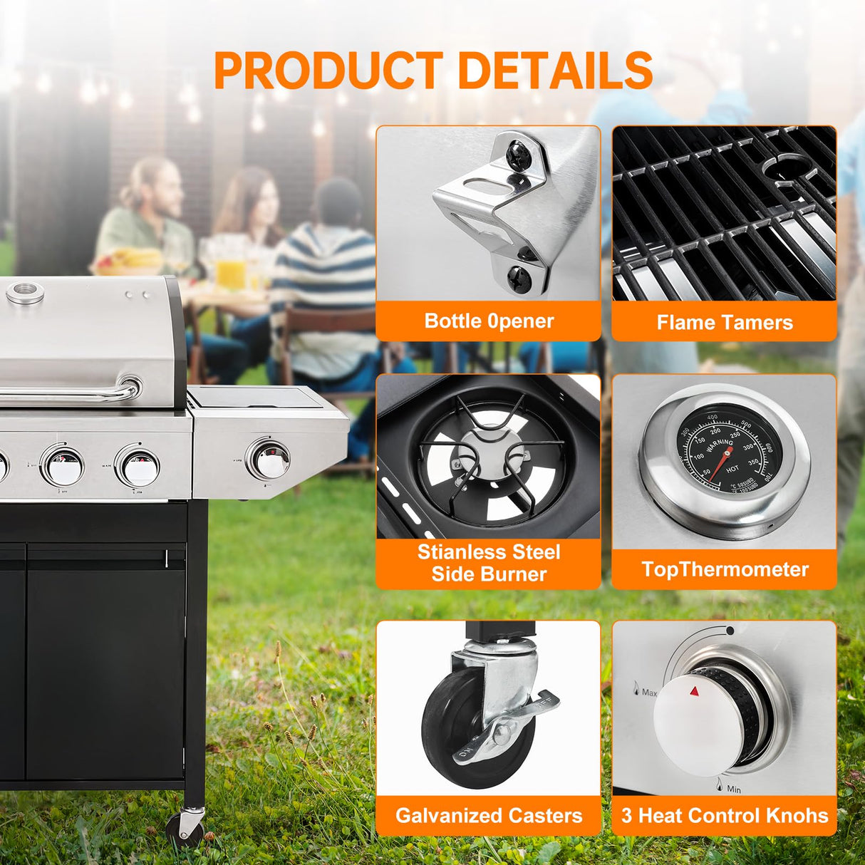 YIORTWO 4 Burner Propane Gas Grill with Side Burner, Stainless Steel BBQ Grill 48,500 BTU for Outdoor Cooking Kitchen, Garden and Patio Backyard Barbecue, Black and Silver YIORTWO