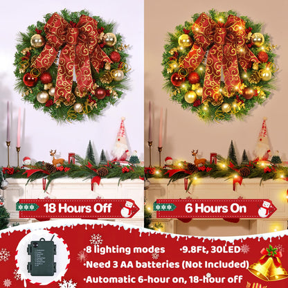 Christmas Wreath Christmas Decorations - 16" Christmas Wreaths for Front Door, Red Bow Christmas Ball Pine Needles Wreath for Home Wall Windows Outdoor Xmas Decor