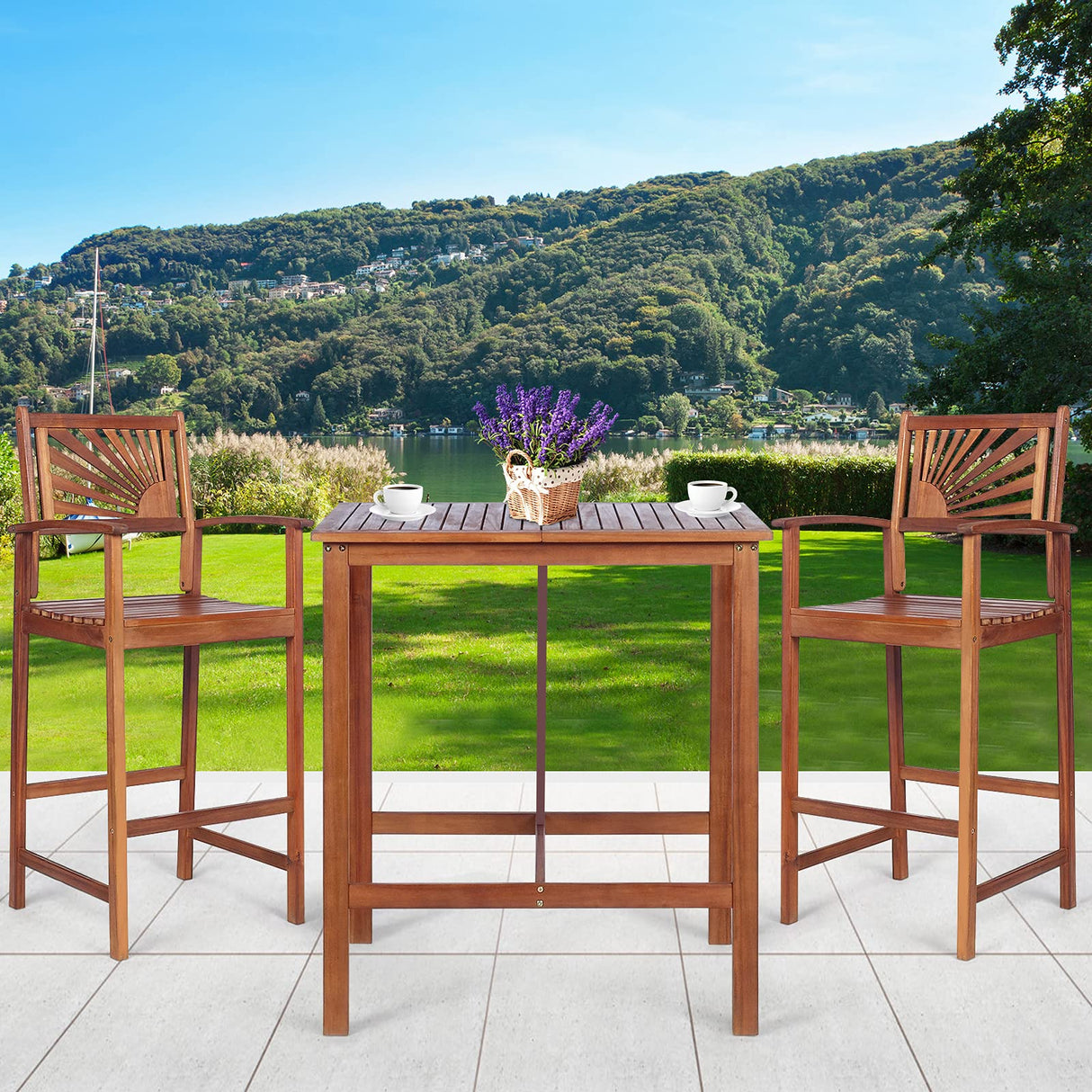 COSTWAY 3PCS Bar Table Set, Outdoor Acacia Wood Dining Set, Spacious Tabletop, Comfortable Backrest, Suitable for Sunroom, Backyard, Balcony, Space-Saving Design COSTWAY