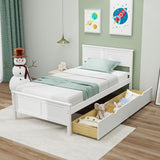 Giantex Wood Twin Bed with 2 Storage Drawers, Solid Wood Platform Bed with Headboard, Wooden Slats Support Mattress Foundation, No Spring Needed, Twin Bed Frame for Kids, Teens, Adults, White Giantex