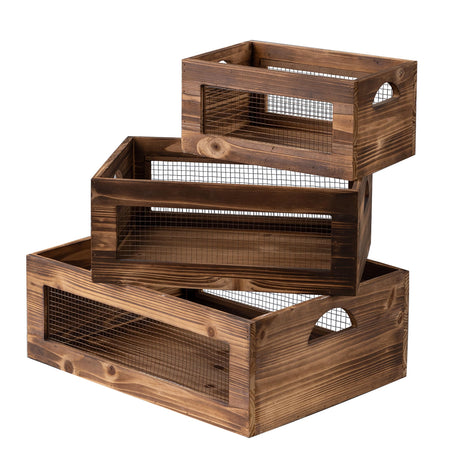 Sintosin Rustic Wooden Crates for Storage Set of 3, Decorative Storage Containers with Metal Wire, Wood Crates for Farmers Market Display, Farmhouse Wood Storage Boxes for Kitchen Countertop Decor Sintosin