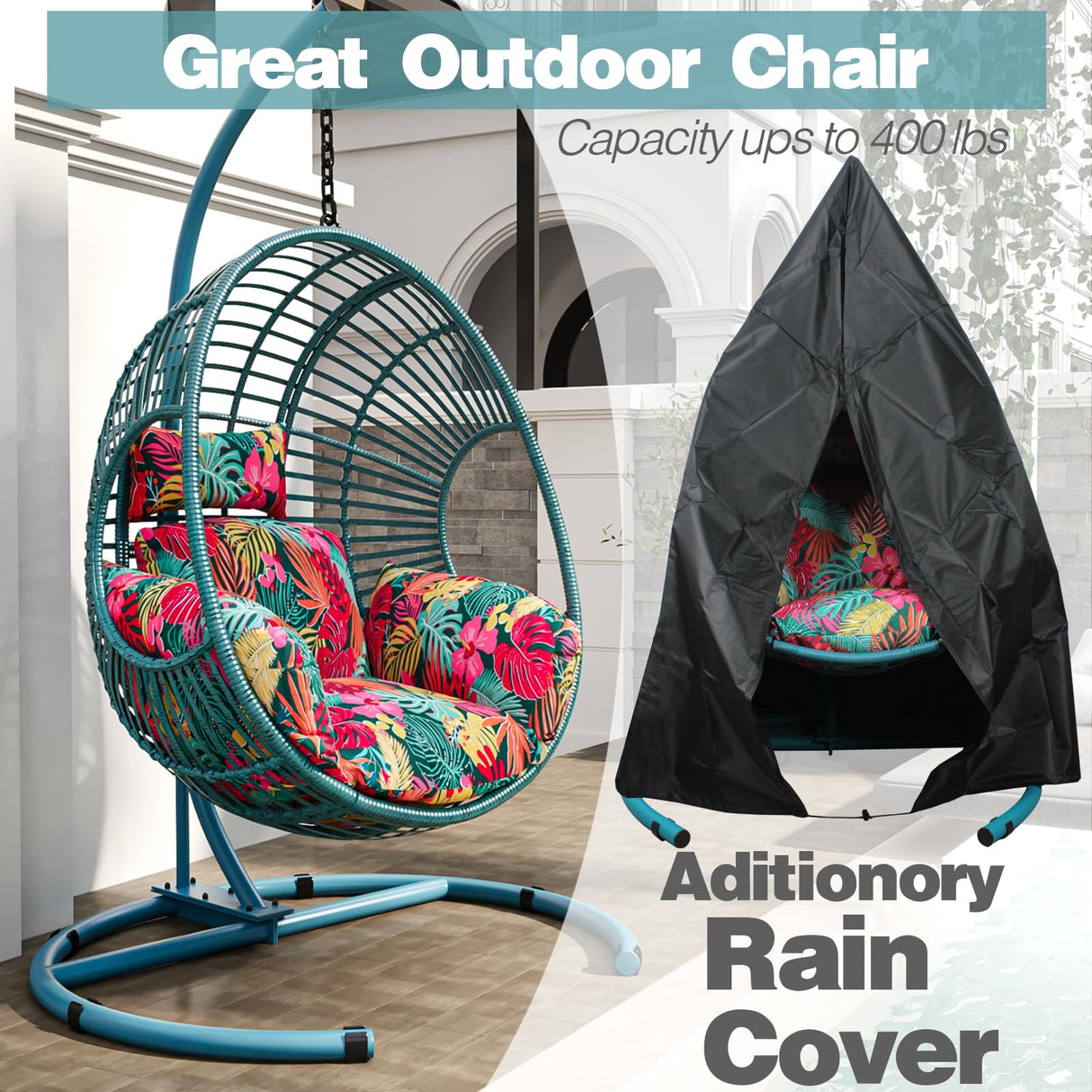 CHINNLUU Oversized Hanging Egg Chair Outdoor Wicker Swing Chair with Stand Rain Cover UV Resistant Cushion 400lbs Capacity for Patio, Garden and Balcony CHINNLUU