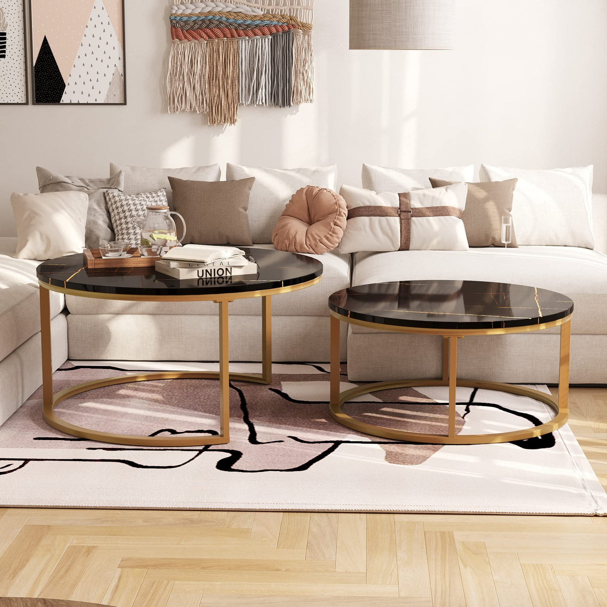 WiberWi Round Coffee Table Nesting Tables Set of 2, Large : Ø 34.0", Small : Ø 26.0", Modern Design Coffee Tables for Living Room, Gold Metal Frame Circle Cocktail Table, High Glossy Faux Black Marble WiberWi
